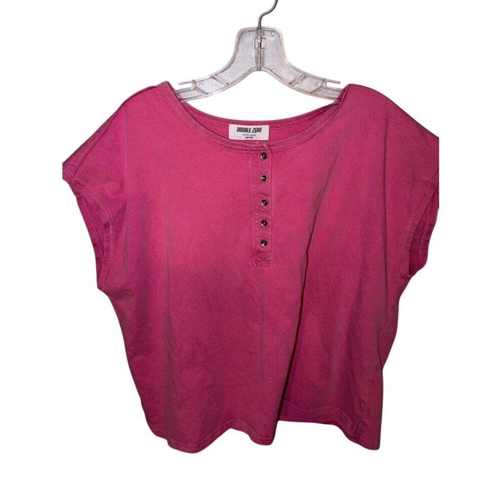 Double Zero Pink Henley Top Mystical Medium Short Sleeve Boxy Snap Button Shirt